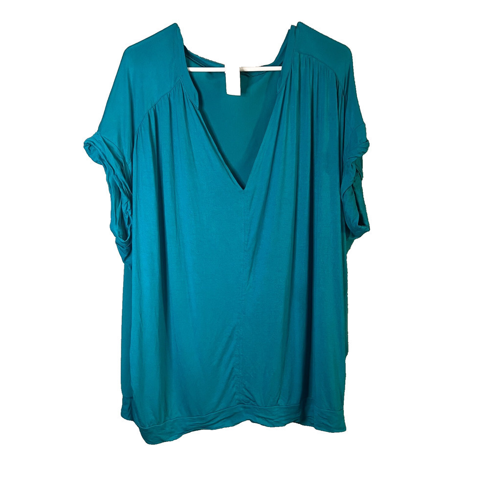 Teal Womens V neck Tunic Style Blouse Short Sleeve Sheer Back Feminine Flowy